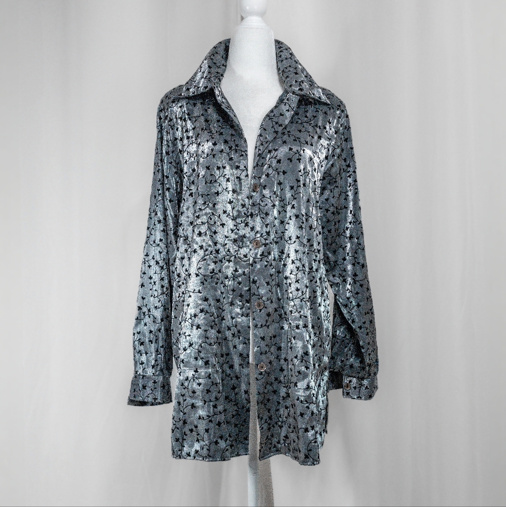 90s Silver Metallic Button Down with Velvet accents